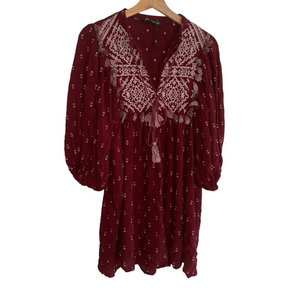 Zara Embroidered Mini Dress Balloon Sleeve V-Neck High Collar Red White Tassel - Picture 2 of 8